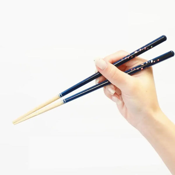 Handcrafted Wooden Chopsticks Non-Slip Cherry Blossom Blue Pattern 23cm