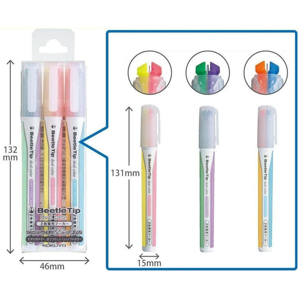 Kokuyo Beetle Tip Dual Color Highlighter Set 3 Pens (6 Soft Colors)