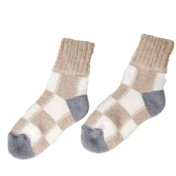 Winter Wool Thick Crew Socks Beige Checkered Warm Socks