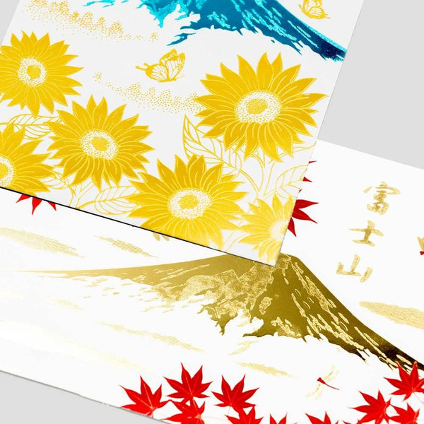Foil Stamped Postcard Mount Fuji In Summer Sunflowers
