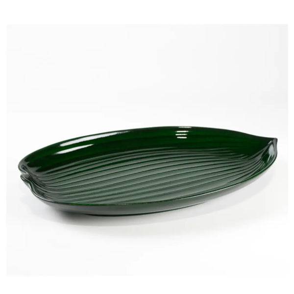 Lacquered Serving Dish Sushi Plate Bamboo Leaf Design Green