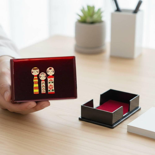 Red Lacquered Card Holder Case Kokeshi Wooden Dolls Design